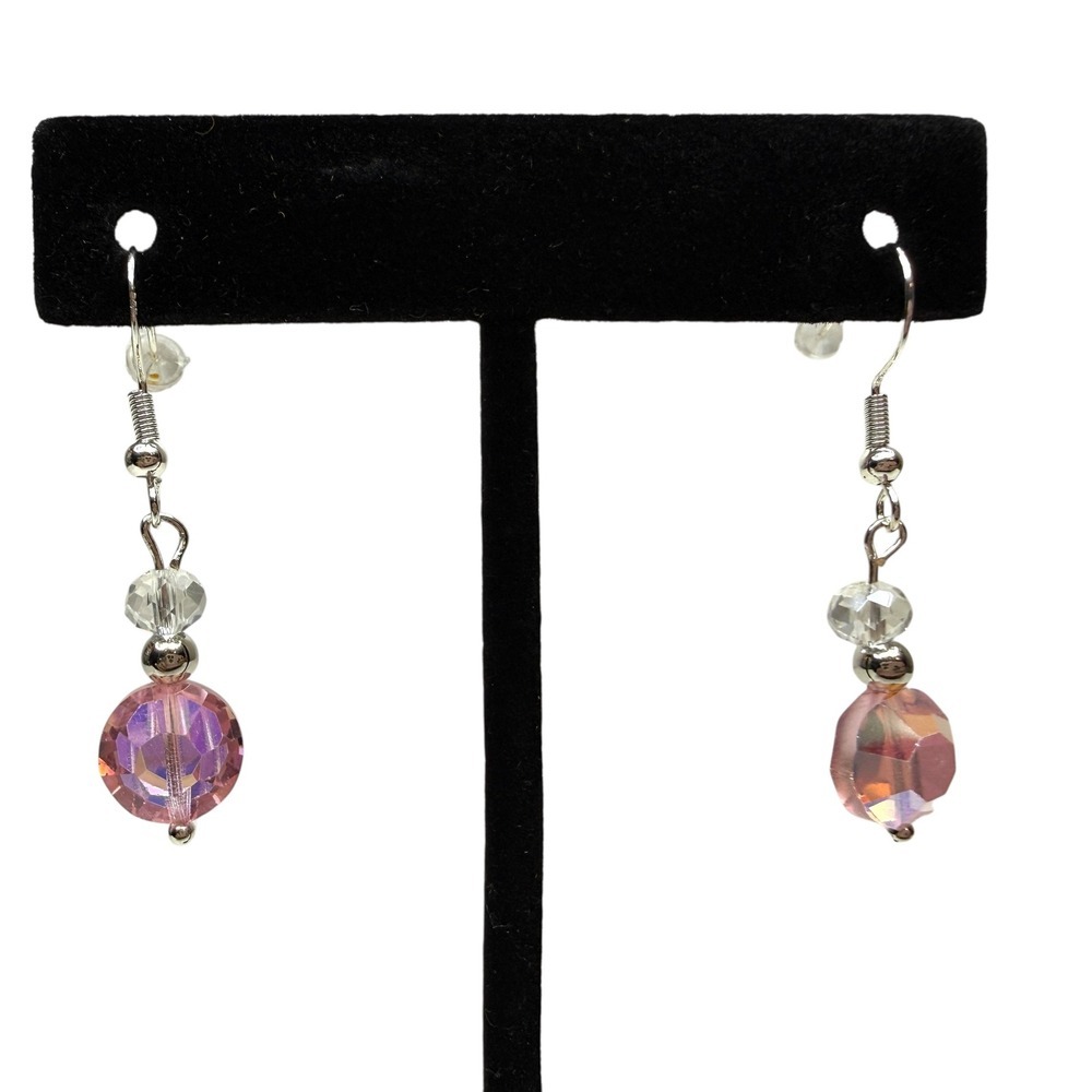 S925 Sterling Hook Pink Aurora Faceted Crystal Beaded Dangle Earrings 1.5 in